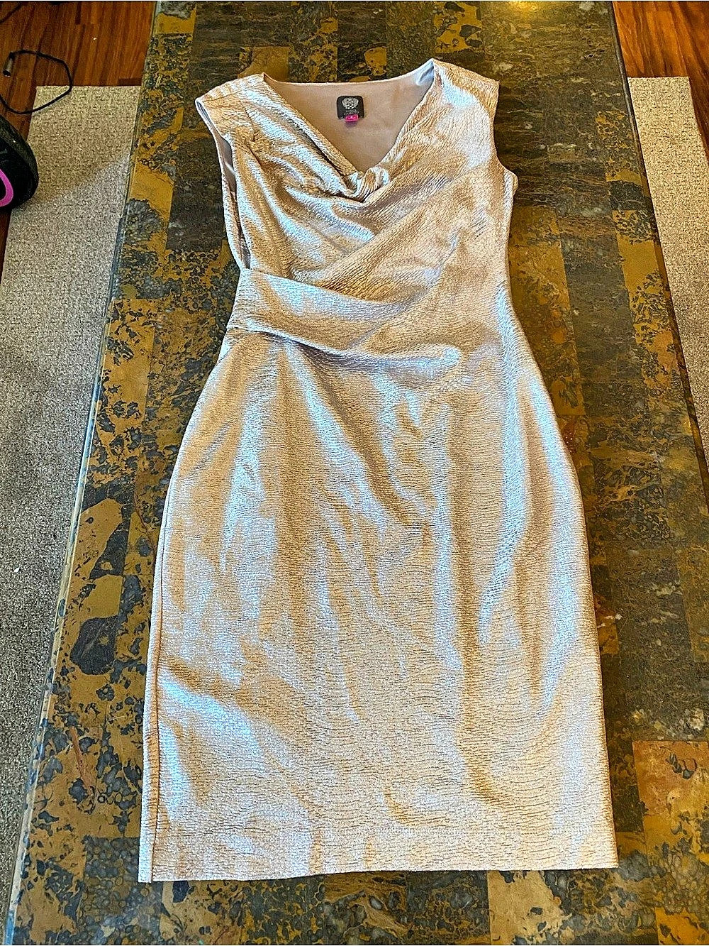 Vince Camuto Metallic Cowl Neck Sheath Dress Silver Size 8